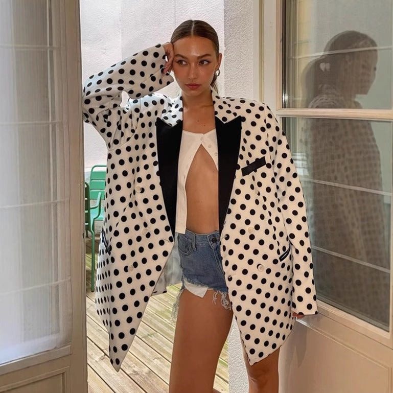 Women's Oversized Polka Dot Blazer with Contrasting Lapels and Boxy Silhouette Amarae