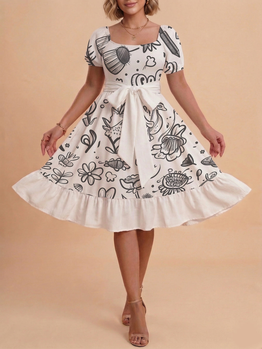 Women's Midi Dress with Elegant Floral Print and Fitted Belt Lune London
