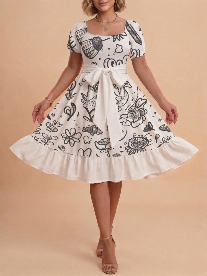 Women's Midi Dress with Elegant Floral Print and Fitted Belt Lune London
