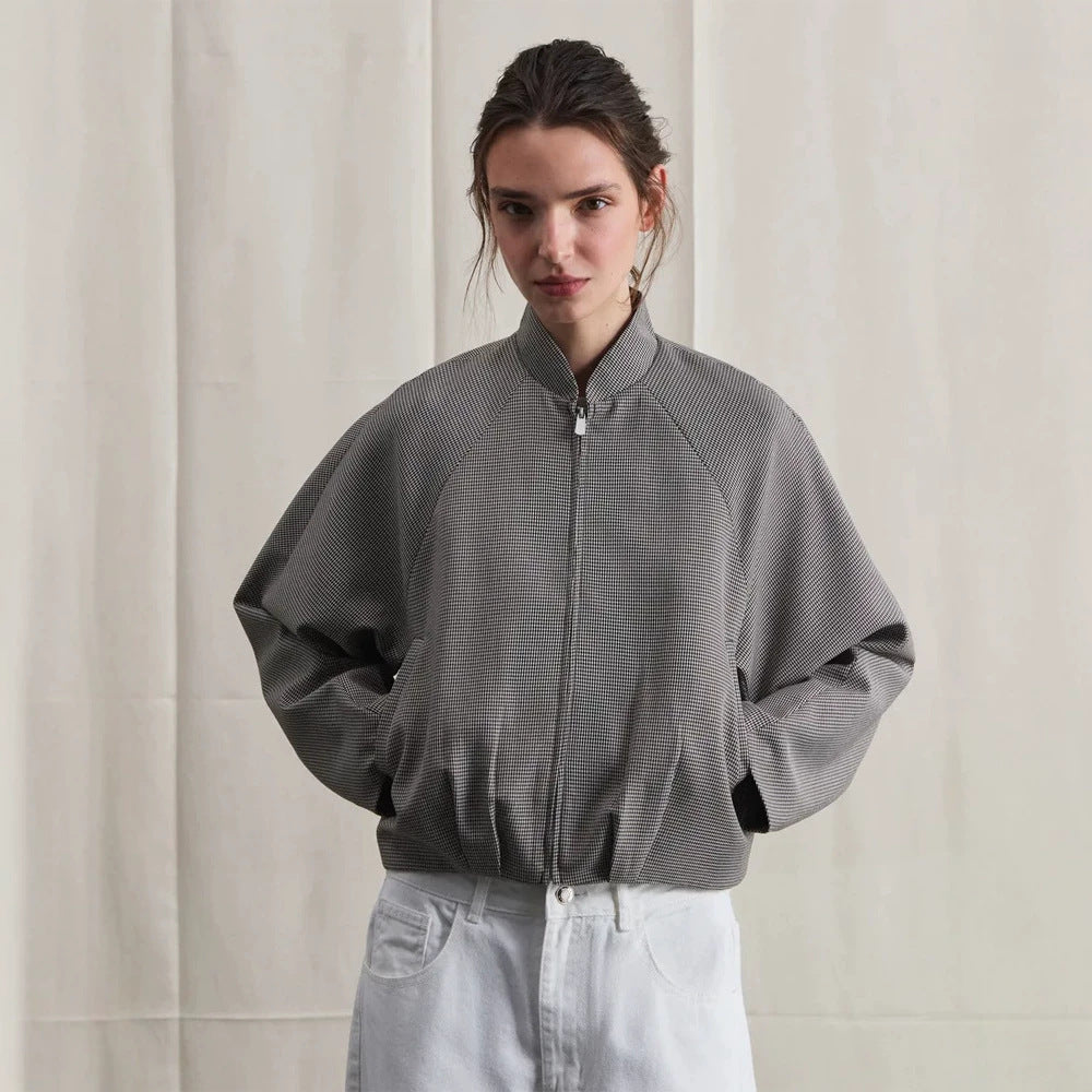 Women's short bomber jacket with raglan sleeves, stand-up collar, and fine houndstooth pattern Amarae