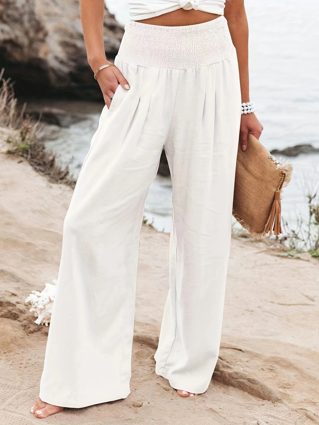 Summer wide-leg pants for women with elastic waist and elegant draping Lune London