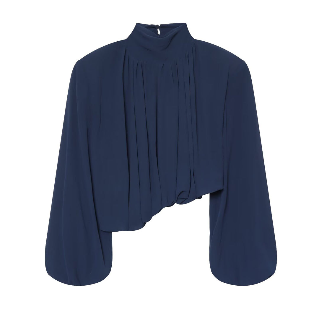 Ladies Pleated Blouse with Stand Collar and Balloon Sleeves Amarae