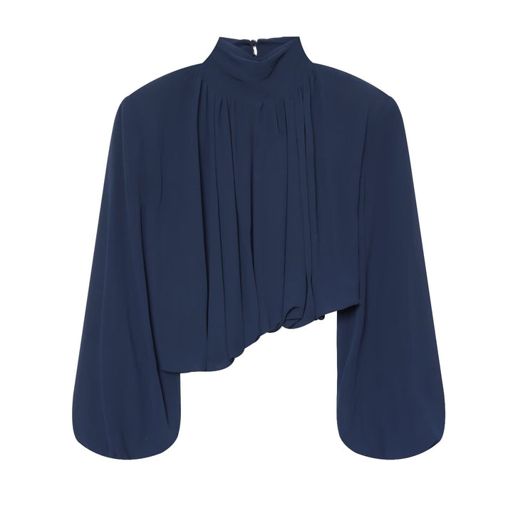 Ladies Pleated Blouse with Stand Collar and Balloon Sleeves Amarae