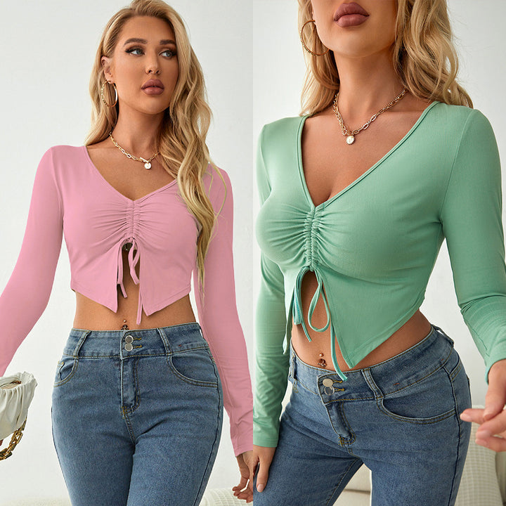Women Long Sleeve Cropped T-Shirt with Refined Gathering and Deep V-Neck Lune London