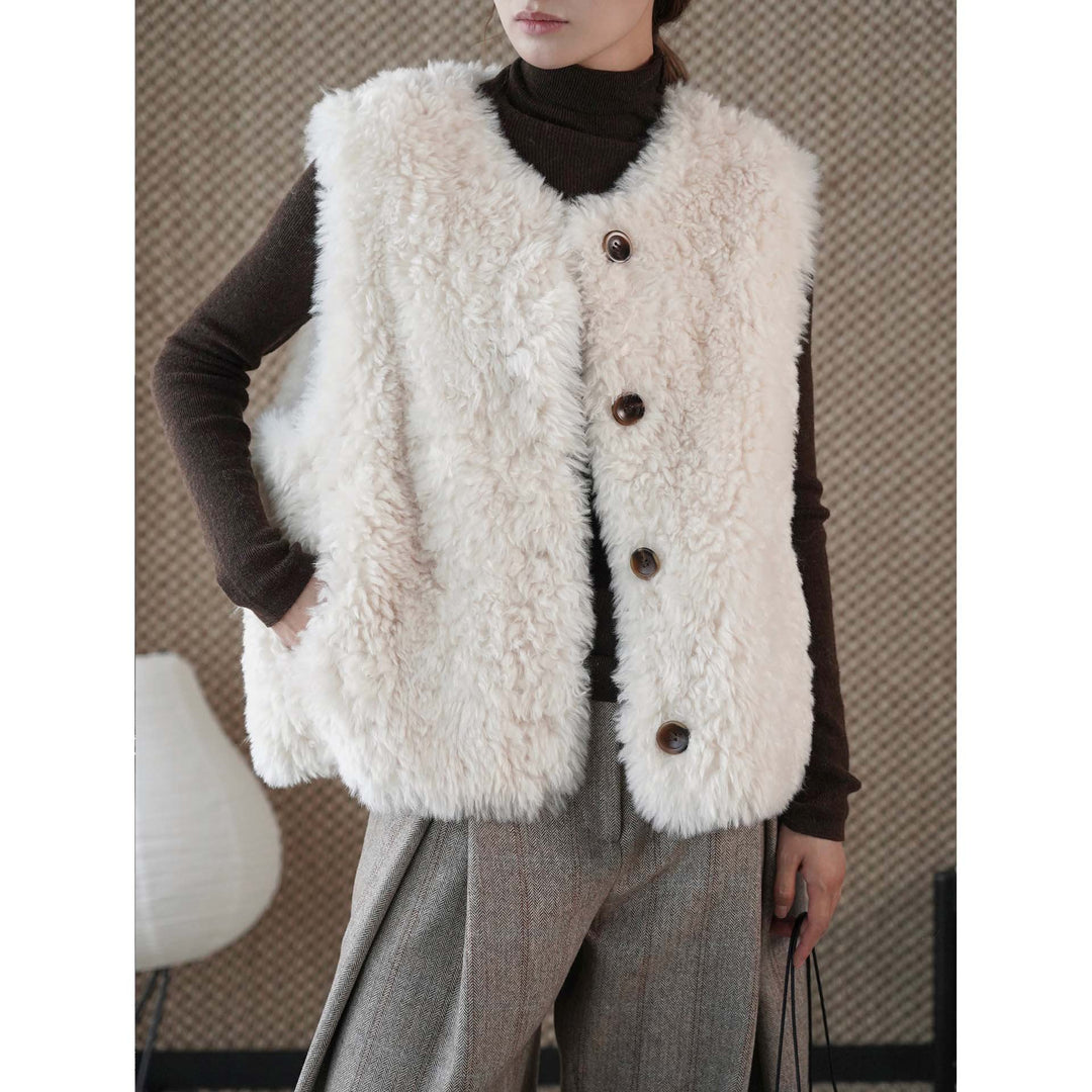 Women's Fluffy Teddy Vest with Button Closure and Round Neckline Amarae