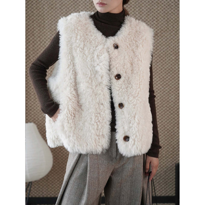 Women's Fluffy Teddy Vest with Button Closure and Round Neckline Amarae