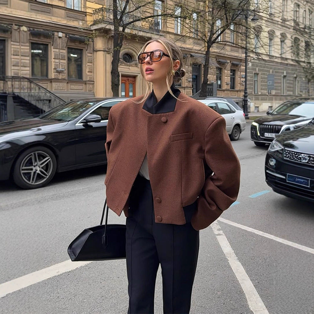 Women's Boxy Cropped Wool Jacket with Boxy Shoulder, Contrasting Lapel Collar and Hidden Button Placket Amarae