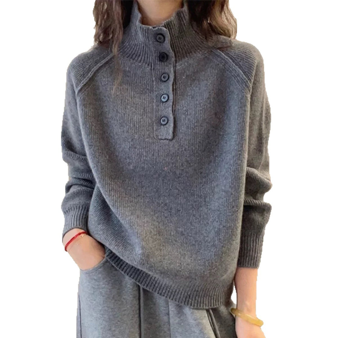 Femme Pull Tricoté Confortable avec Patte de Boutons Chic & Stil