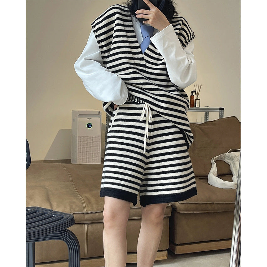 Women's Striped Knit Shorts with High Waist and Drawstring Amarae