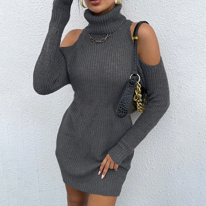 Ladies' knitted dress with an open shoulder design and a high collar Lune London