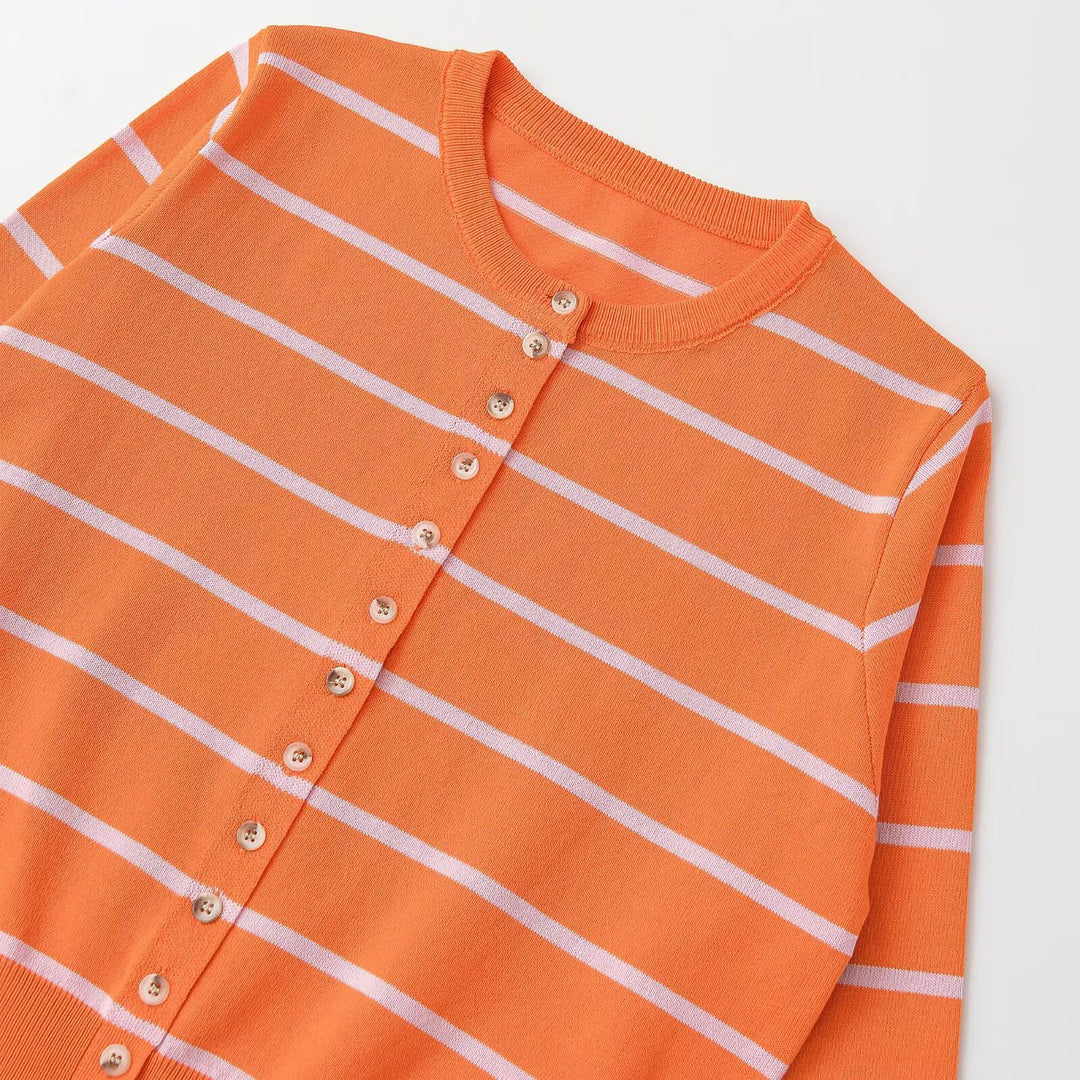 Women's Short-Cut Fine Knit Cardigan with Horizontal Stripes and Mother-of-Pearl Buttons Amarae