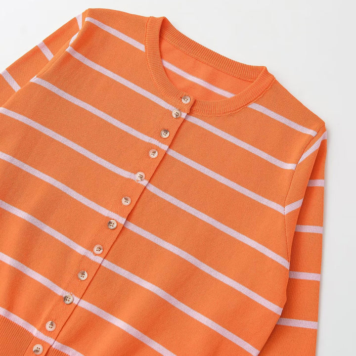 Women's Short-Cut Fine Knit Cardigan with Horizontal Stripes and Mother-of-Pearl Buttons Amarae