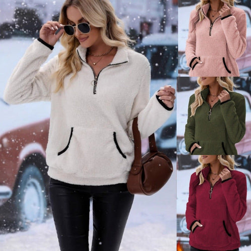 Fleece sweater for women with high collar and practical pockets Amarae