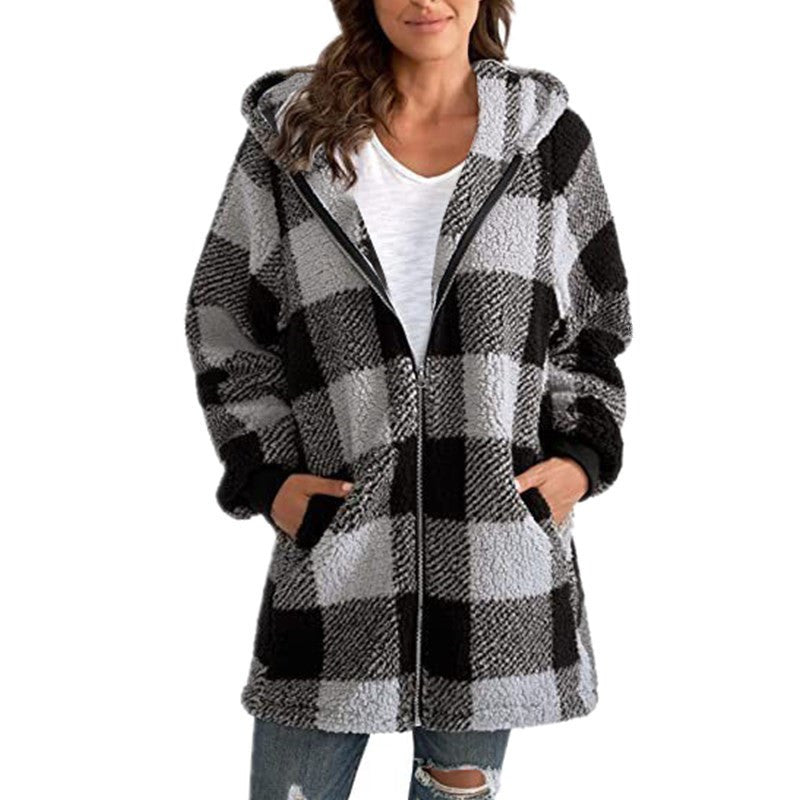 Women's Checked Teddy Fleece Coat with Hood and Zipper Amarae
