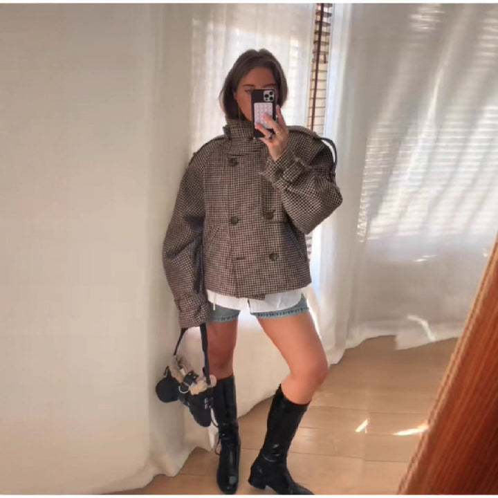 Ladies Houndstooth Oversized Short Jacket Lune London