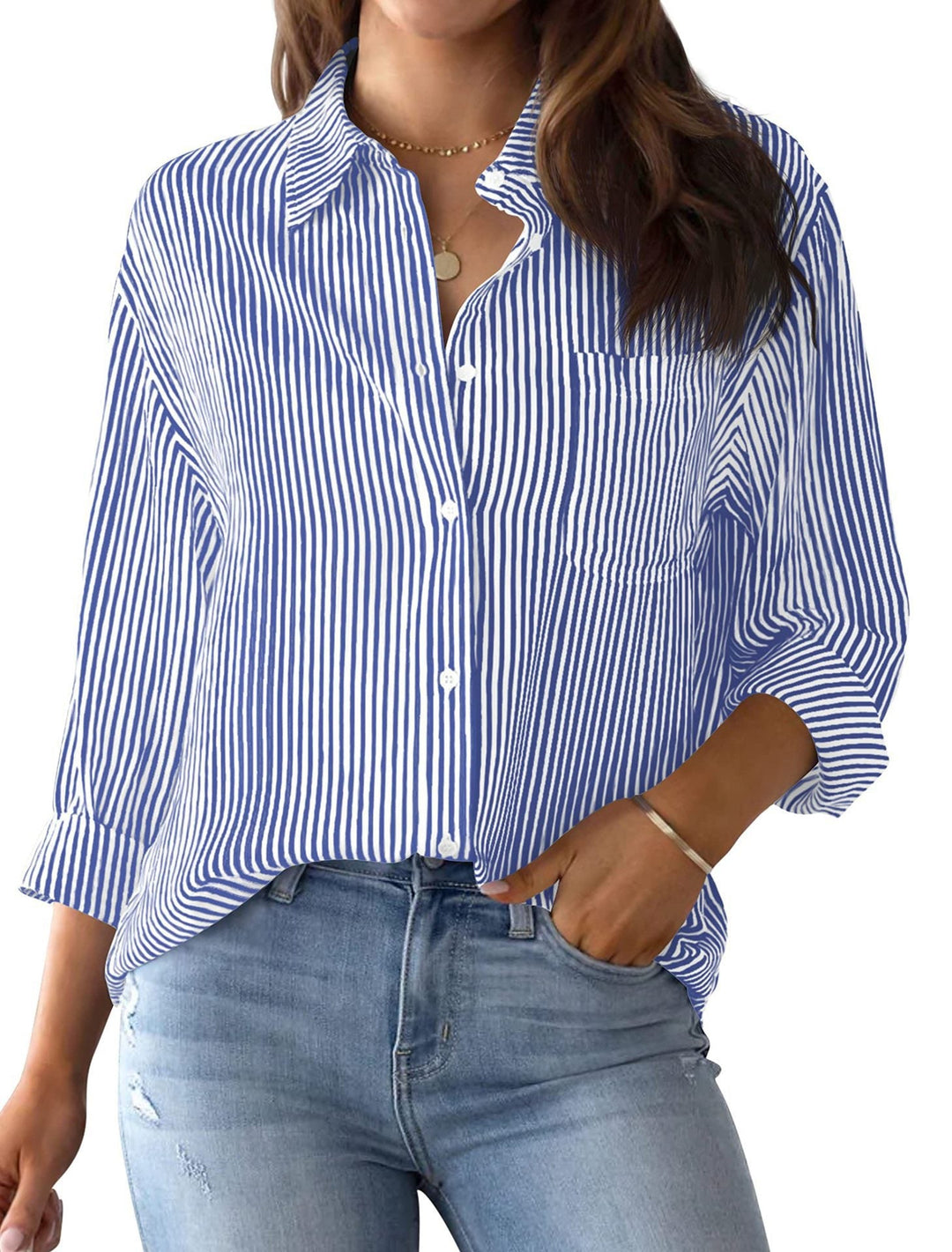 Ladies Loose Striped Shirt with Chest Pocket and Roll-up Sleeves Lune London