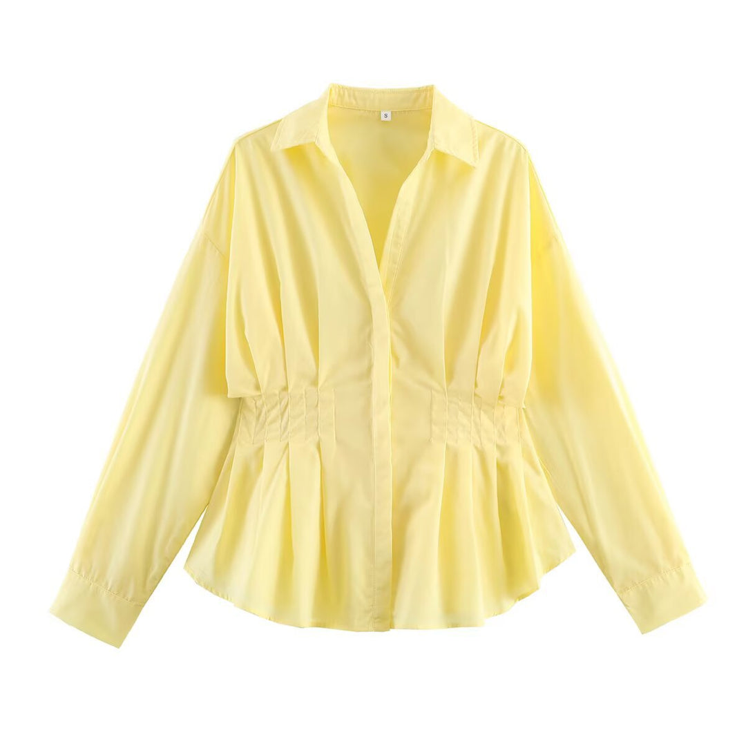 Ladies' blouse with tailored gathered insert and pleated peplum