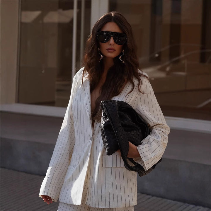 Women's Two-Piece Pinstripe Suit Set with Oversized Blazer and Wide Pleated Trousers Amarae