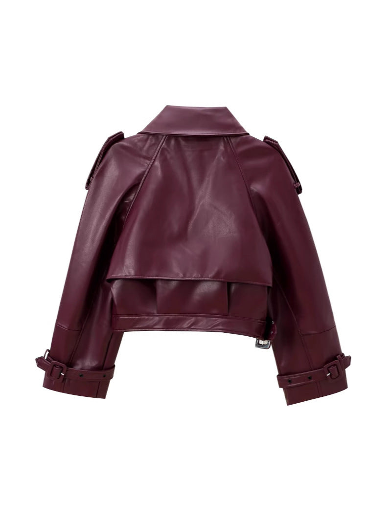 Women's Cropped Leather Motorcycle Jacket with Asymmetric Lapel Amarae
