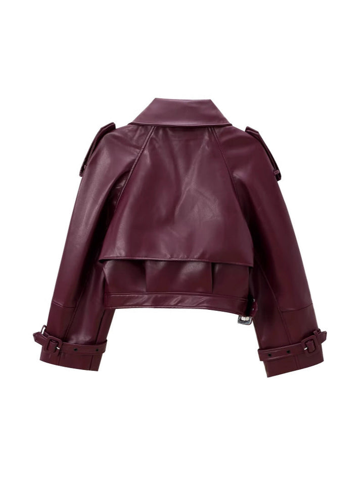 Women's Cropped Leather Motorcycle Jacket with Asymmetric Lapel Amarae