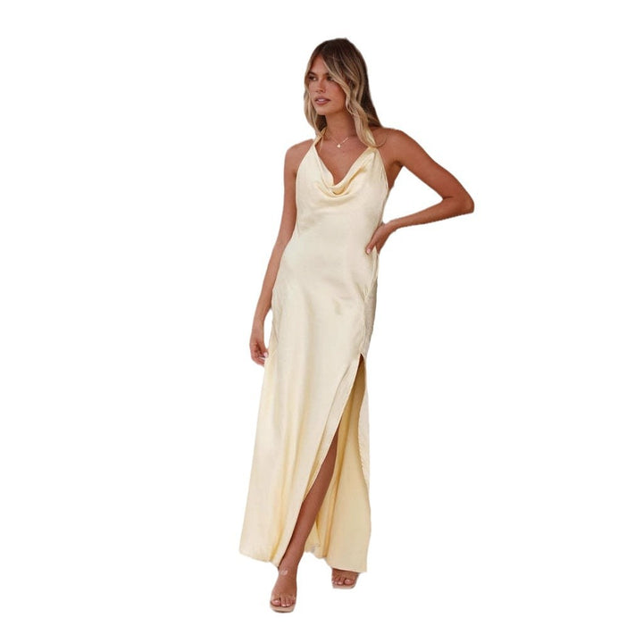 Women Elegant Long Dress with Chic Waterfall Neckline and High Slit Lune London