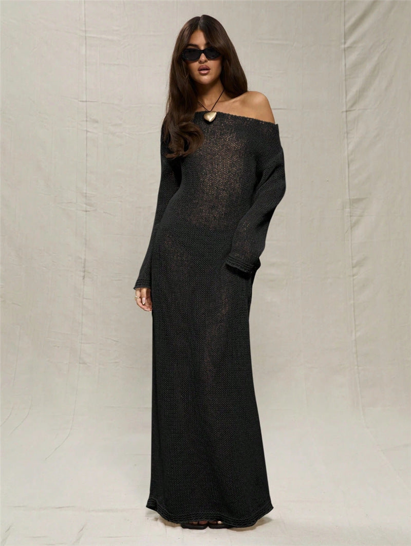 Maxi dress for women in lightweight crochet with off-shoulder design Lune London
