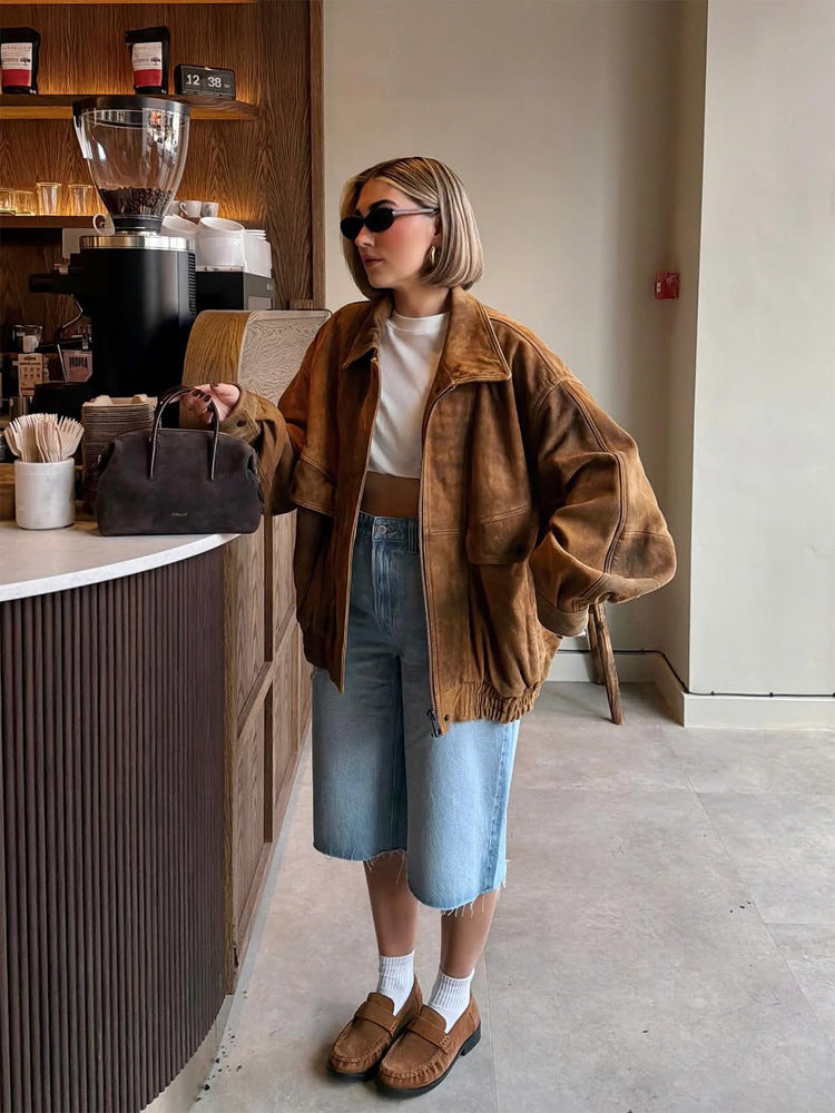 Ladies Oversize Suede Bomber Jacket with Elastic Hem Amarae