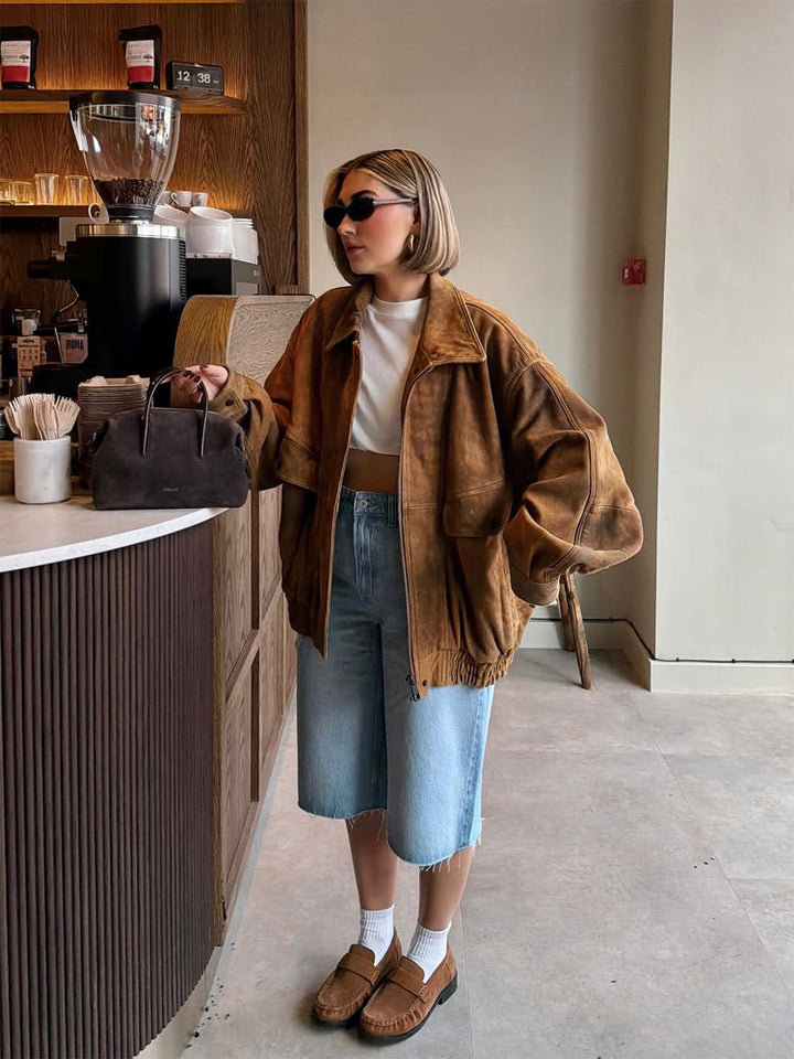 Ladies Oversize Suede Bomber Jacket with Elastic Hem Amarae