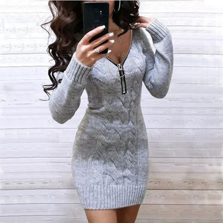 Ladies Knit Dress with Zipper and Cable Pattern Lune London