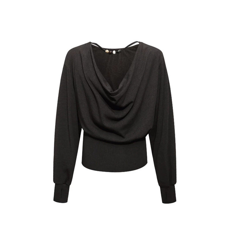 Women Draped Long Sleeve Top with Waterfall Collar, Open Back Strap and Fitted Ribbed Hem Amarae