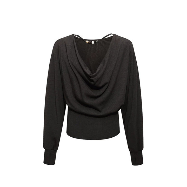 Women Draped Long Sleeve Top with Waterfall Collar, Open Back Strap and Fitted Ribbed Hem Amarae