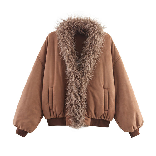Fashionable women's short sleeve sweater with luxurious faux fur collar Amarae