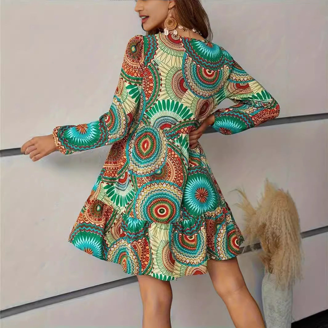 Ladies Slim Playful Dress with Colorful Pattern and Chic Buttons and Style