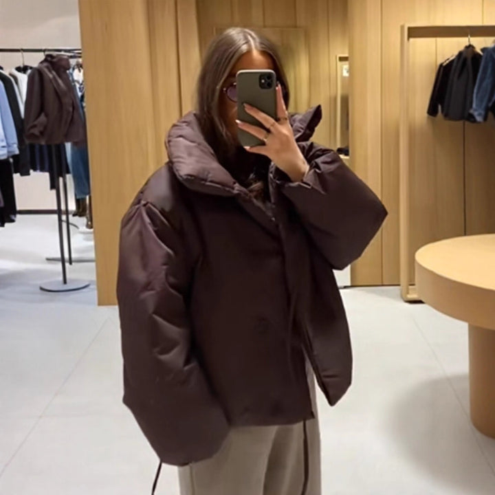 Women Short Padded Oversized Puffer Jacket with Hood and Tie Belt Amarae