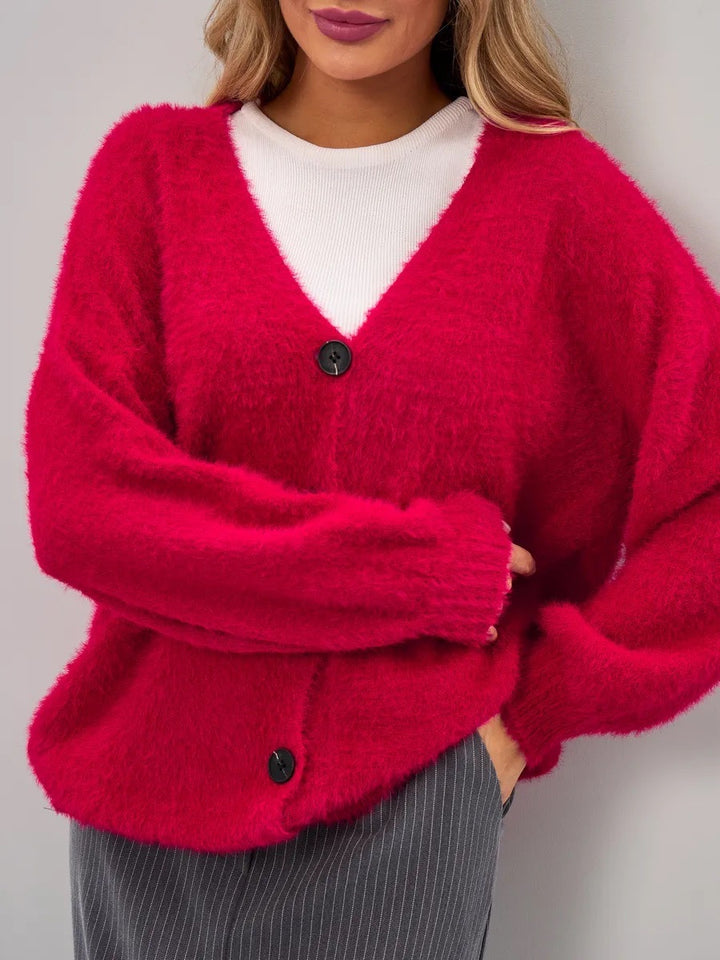 Women Plush Cardigan with Deep V Neckline and Button Details Lune London