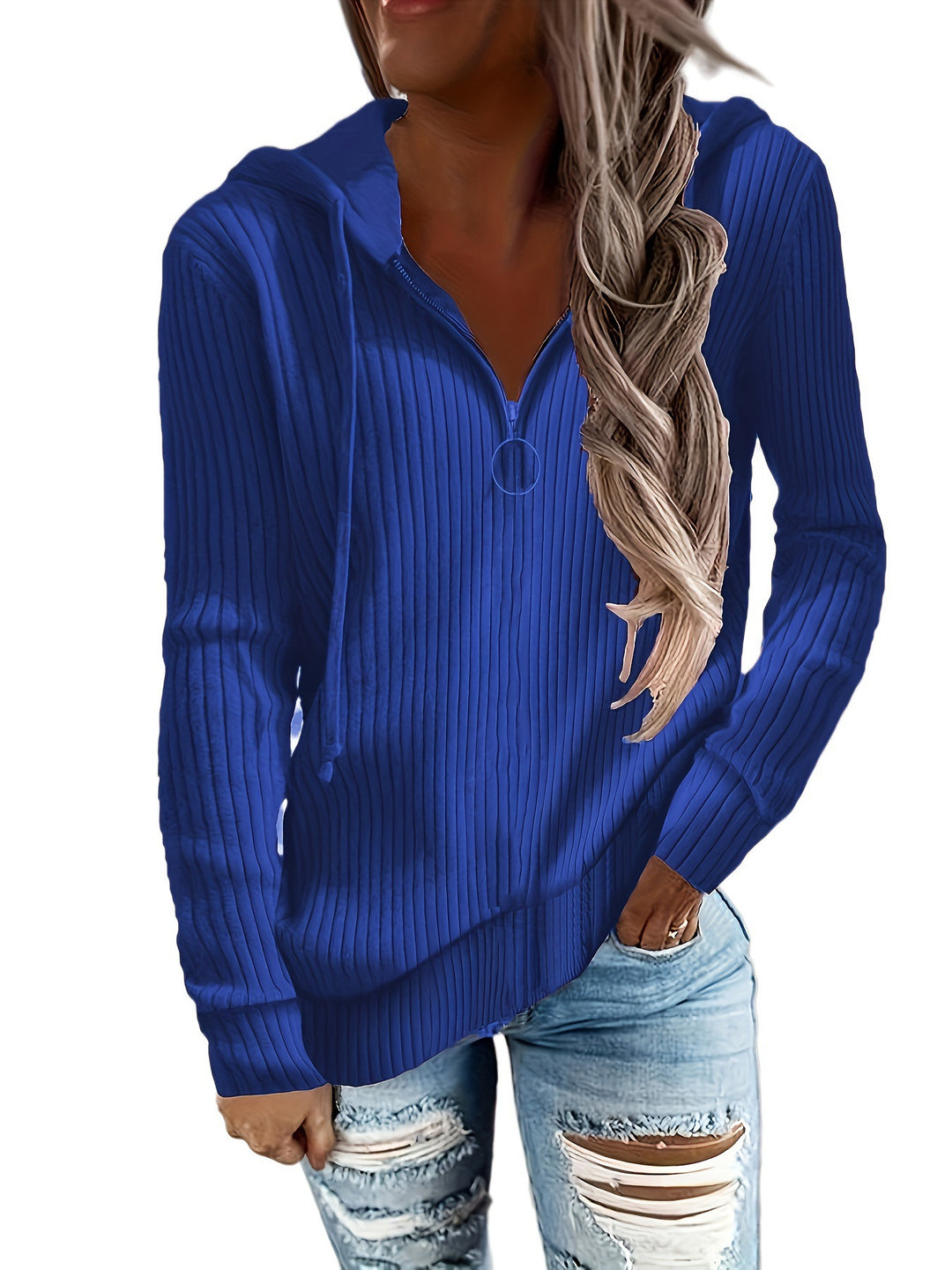 Casual zip-up hooded sweatshirt for women with textured ribbed pattern Lune London