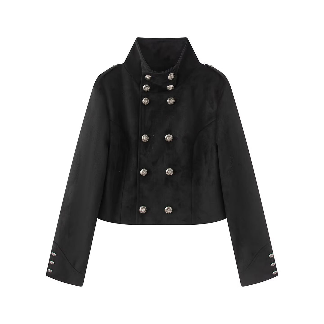Women's short uniform-inspired jacket with high stand-up collar, double button placket and decorative cuffs Amarae