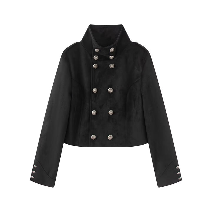 Women's short uniform-inspired jacket with high stand-up collar, double button placket and decorative cuffs Amarae