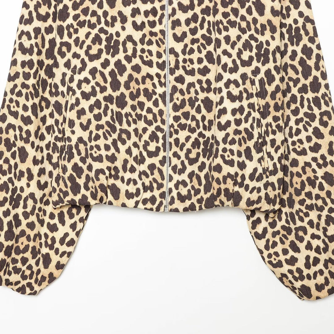 Women's Cropped Bomber Jacket in Oversized Cut with Full Length Zipper and Leopard Print Amarae