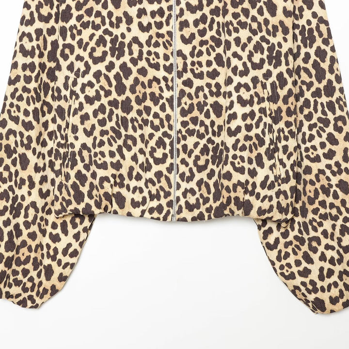 Women's Cropped Bomber Jacket in Oversized Cut with Full Length Zipper and Leopard Print Amarae