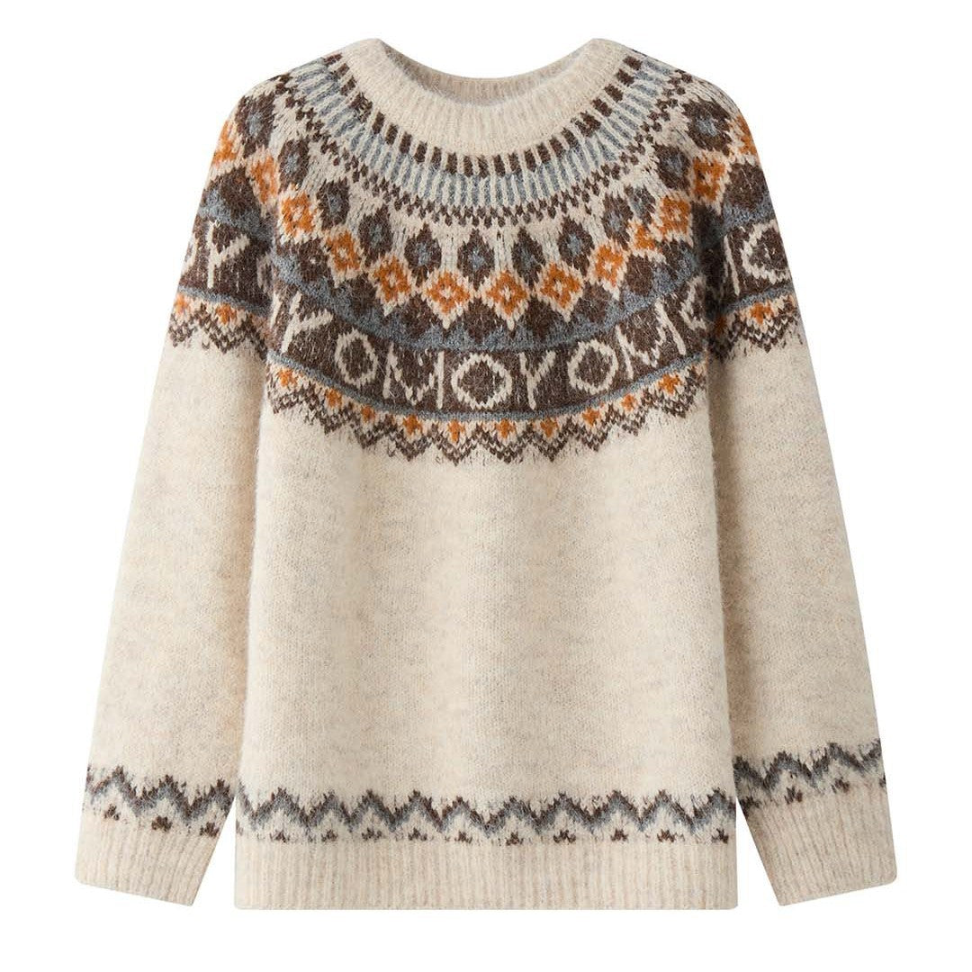 Women's chunky knit crew neck sweater with Norwegian jacquard and mohair mix Amarae