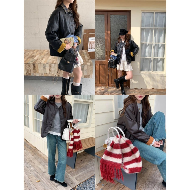 Ladies fashionable leather jacket with checked lining Chic & Stil