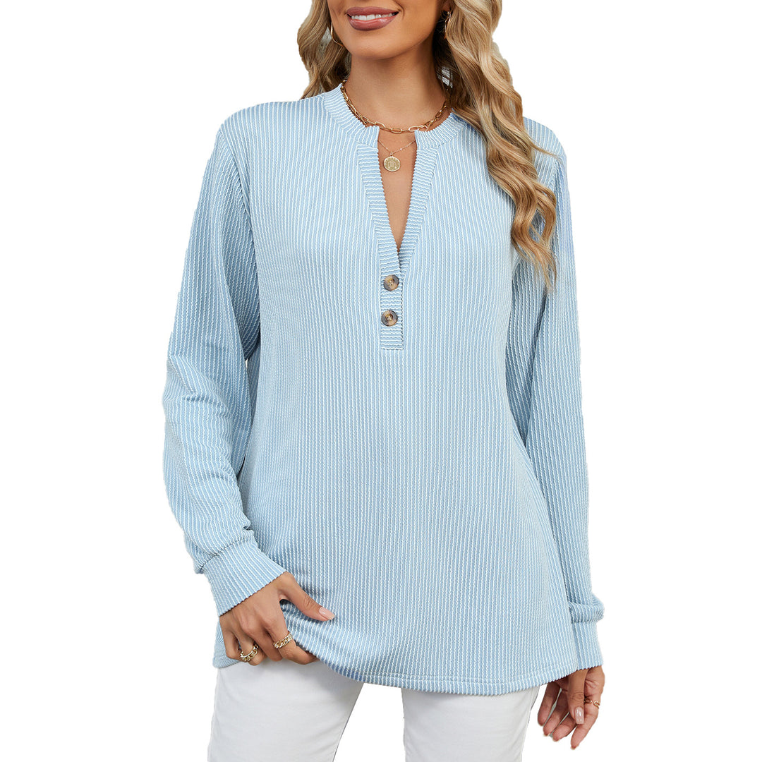 Long sleeve women's t-shirt with a trendy Henley neckline and structured ribbed texture Lune London