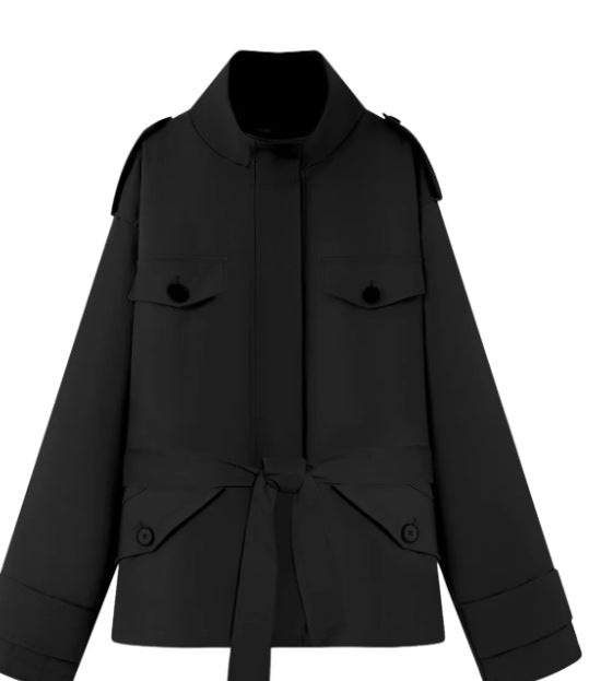 Women's Tailored Utility Jacket with Tie Belt, High Stand Collar and Flap Pockets Amarae