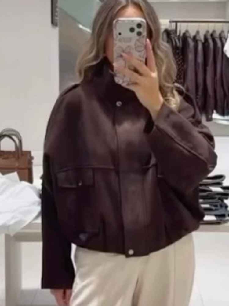 Women's Oversized Cropped Faux Leather Jacket with Stand Collar and Flap Pockets Amarae