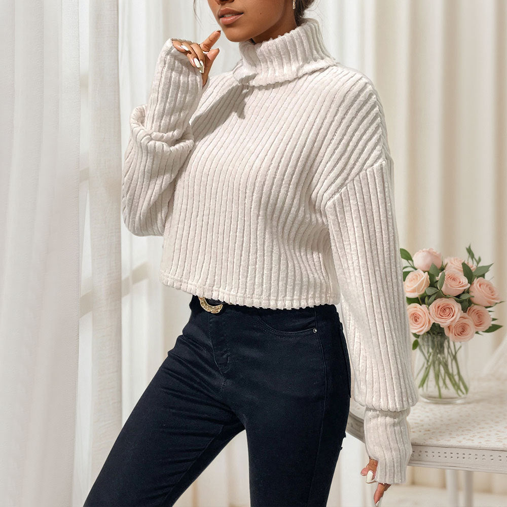 Sweat cropped pour femmes avec col montant et texture côtelée fine Chic & Stil