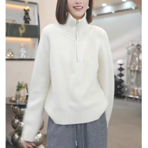 Knit sweater for women with high collar and practical zipper Amarae