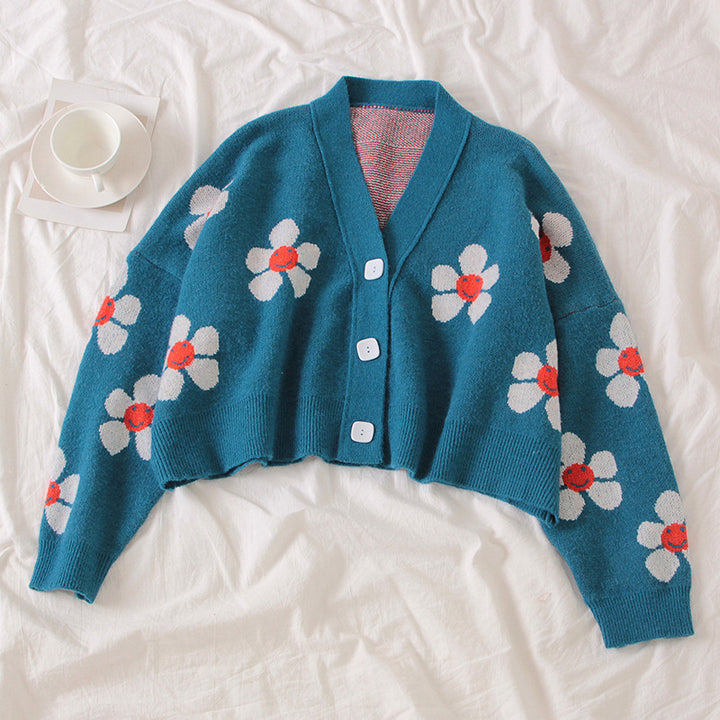Short knitted women's jacket with a floral design and large buttons Lune London