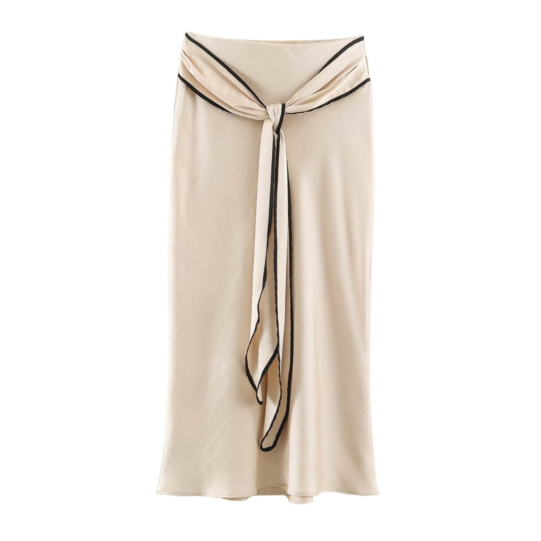 Women's Flowing Satin Midi Skirt with Knot Belt and Contrast Edge Amarae
