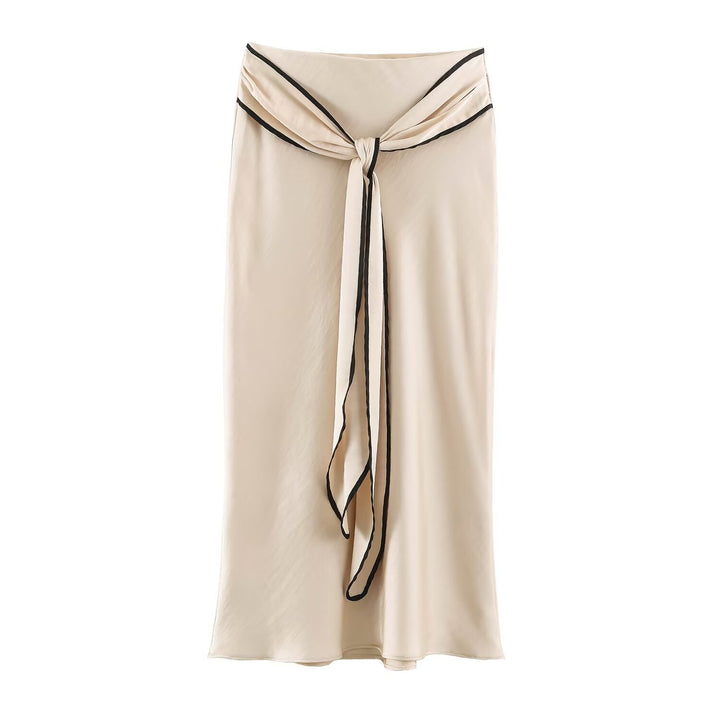 Women's Flowing Satin Midi Skirt with Knot Belt and Contrast Edge Amarae